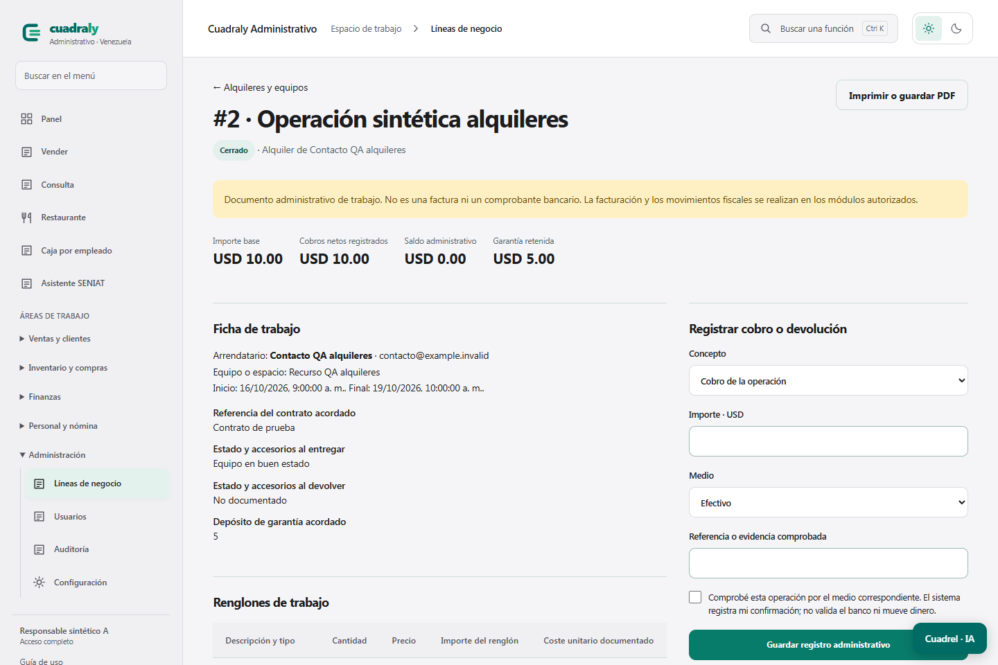 Ficha de trabajo de Alquileres y equipos en Cuadraly
