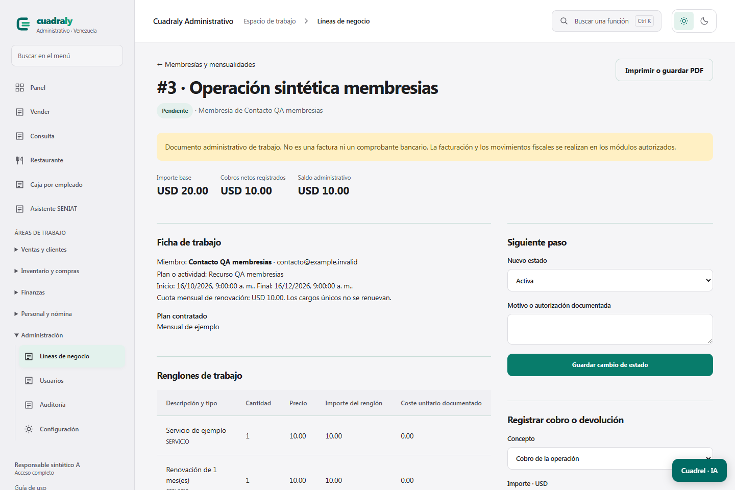 Ficha de trabajo de Membresías y mensualidades en Cuadraly