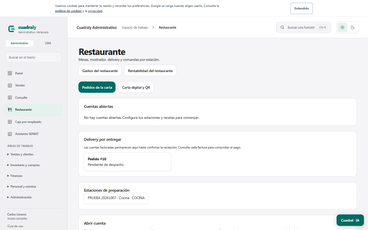 Herramientas de Cuadraly para cafetería, bar o comida rápida, en el entorno de demostración